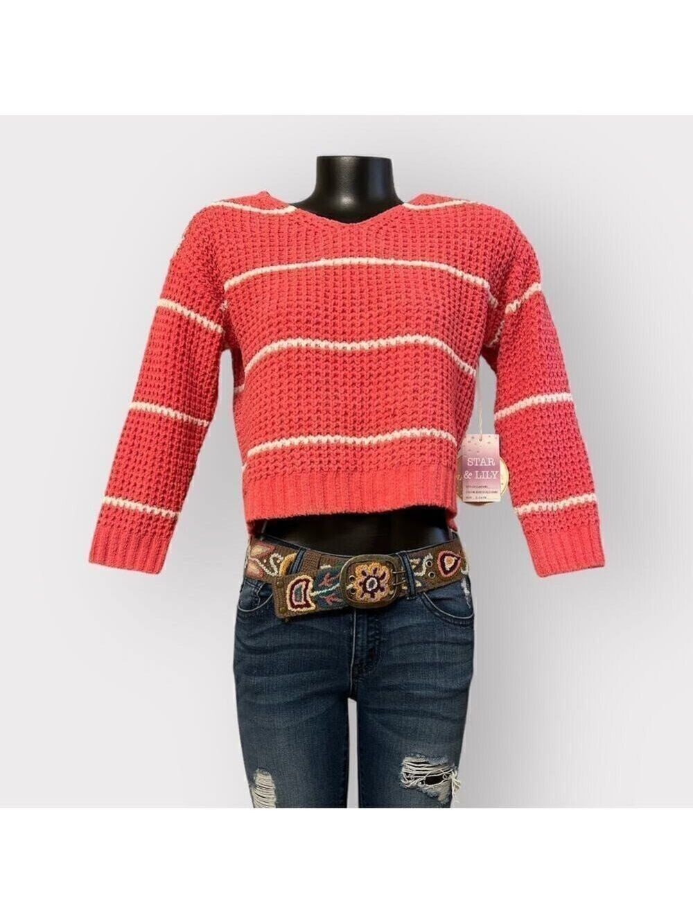 Cropped Chunky Knit Sweater Girls sz XL 14/16 3/4 Sleeve Womens XS S Coral White